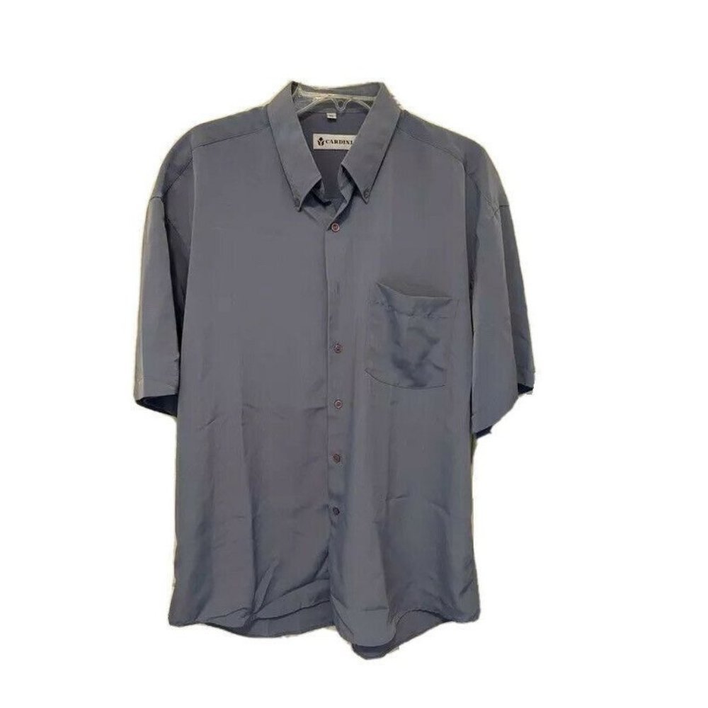 Cardini Mens Oxford Shirt Blue Short Sleeve Button Down Collar Pocket Silky XL